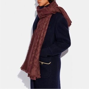 NWT COACH HORSE & CARRIAGE PRINT SHAWL WINE/METALLIC